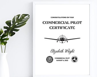 Customizable Commercial Pilot Certificate - Printable Plaque, Digital Download, Pilot Gift, Aviator, Flight School, FAA