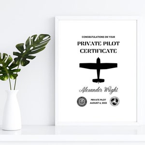 Personalisierbares Privatpilotenzertifikat - Druckbare Plakette, digitaler Download, Privatpilotengeschenk, Pilotengeschenk, Geschenk für Piloten