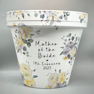 Mother of the bride, Groom plant pot gift. Personalised date. Yellow floral bouquet. Also for Wedding, Anniversary, Birthday, retirement.