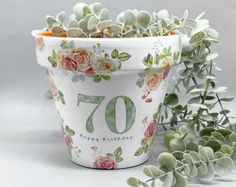 70th Birthday plant pot gift. Personalised milestone keepsake planter. Hand decorated with pale green foulage. 60, 80, 90.