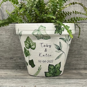 Personalised green foulage Wedding plant pot gift.  Bride, Groom. Anniversary, Birthday, housewarming, Retirement, memorial keepsake.