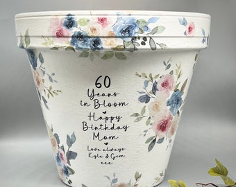60 Milestone plant pot. shabby chic, personalised Birthday. Occasions keepsake. 50,70, 80, 90 100 Mum, grandma, friend, retirement, teacher.
