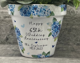 65th Anniversary plant pot, Blue hydrangeas. Personalised  gift, Wedding, Engagement, celebration,  Birthday, retirement, planter, keepsake,