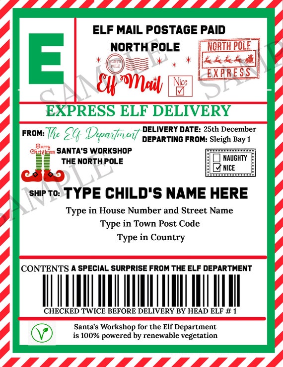Elf Mail Shipping Labels North Pole Large Gift Tag Editable Template, –  Puff Paper Co
