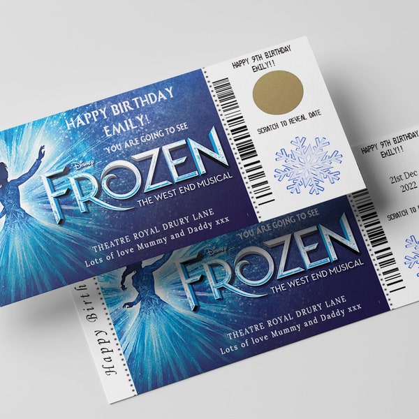 Frozen  Musical Theatre Ticket Show  Gift PERSONALISED Scratch Reveal -Birthday- Day Out