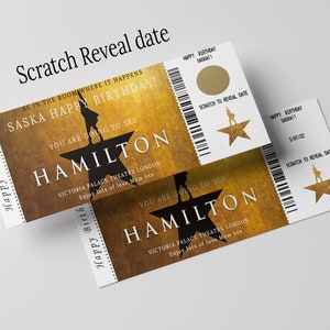 Hamilton Surprise Theatre Ticket  Show Gift PERSONALISED Scratch Reveal  Ticket Show -Invitation -Birthday- Day Out