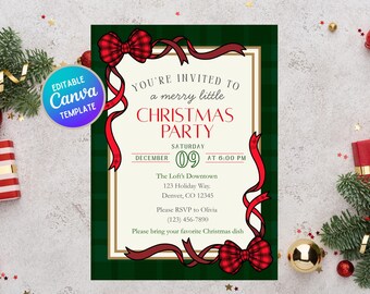 May include: A Christmas party invitation with a green plaid border and red ribbon accents. The invitation includes the text "You're invited to a merry little Christmas party" and event details. The invitation is a Canva template.