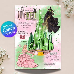 Könnte beinhalten: Eine Party-Einladung mit einem rosa-grünen Aquarellhintergrund. Die Einladung zeigt Illustrationen von Charakteren aus dem Zauberer von Oz, darunter die böse Hexe und Glinda. Der Text enthält "WICKED" und Eventdetails.