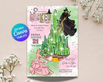 Invitación de cumpleaños de la película Wicked: Plantilla personalizable y editable de Canva (descarga digital)