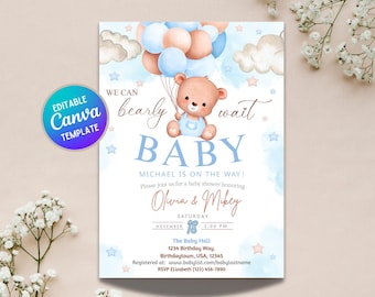 Baby shower garçon ours en peluche | Modèle de toile bleu modifiable | Téléchargement numérique imprimable