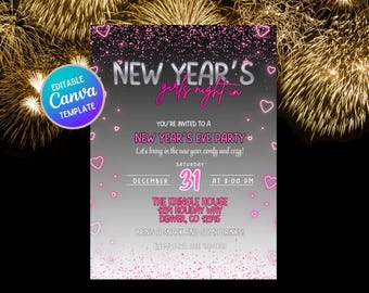 Convite para festa de Ano Novo "Noite das Meninas" | Modelo editável no Canva | Download instantâneo