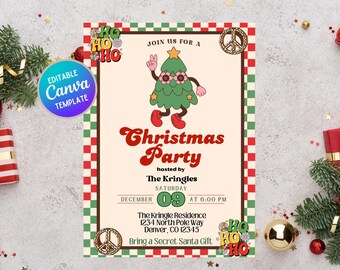 Hippie Weihnachtsbaum-Party Einladung | Vintage Urlaub Thema | Canva Vorlage | Sofort Download