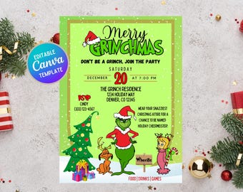 Grinch Grinchmas Christmas Party Invitation | Personalize Editable Downloadable Canva Template | Friendsmas Invite DIY