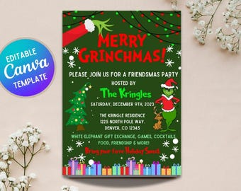 Invitación de Navidad del Grinch / Plantilla de Canva personalizable, editable y descargable / Invitación de Navidad DIY
