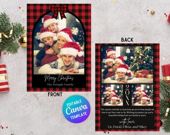 May include: Christmas card with a family photo inside a red and black plaid border. The front reads "Merry Christmas" and "The Kringle Family." The back includes a family photo and text. A bow adorns the top.