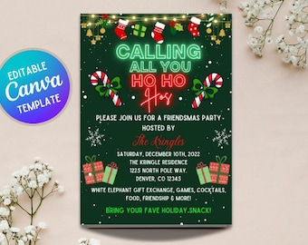 Invitación para fiesta navideña de amigos / Cena navideña divertida / Plantilla editable y personalizable de Canva (Descarga digital)