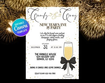 May include: A New Year's Eve PJ Party invitation template featuring a champagne glass with a black bow. The invitation includes the text "Comfy & Cozy" and "Let's skip the formal wear and put on our PJs and slippers drinking champagne, eating snacks, and playing games."