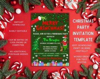 Grinch Merry Grinchmas Friendsmas Friends Christmas Holiday Party Gathering Friend Invitation EDITABLE TEMPLATE Instant Download