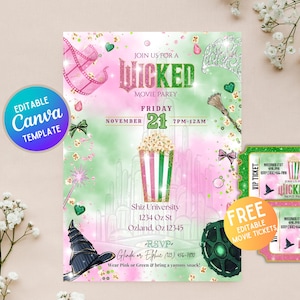 Zaproszenie urodzinowe Wicked, impreza filmowa Wicked, edytowalny szablon Canva, pobieranie cyfrowe, BEZPŁATNE zaproszenia na bilety