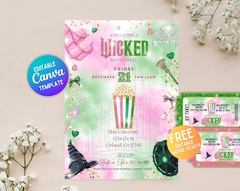 Invitación de cumpleaños de Wicked, Fiesta de la película Wicked, Plantilla editable de Canva, Descarga digital, Invitaciones con entradas GRATIS