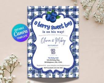 Berry Sweet Boy Baby Shower Invite | Blueberry Gingham Canva Template | Printable Digital Download