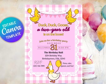 Pink Duck Duck Goose 2nd Birthday | Canva Template | Printable Digital Download