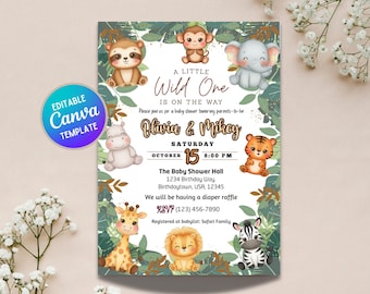 Invitación para baby shower con temática de safari / Plantilla de Canva con animales de la selva / Descarga digital imprimible