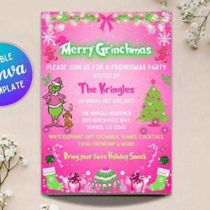 Grinch Rosa Weihnachten Merry Grinchmas Einladung Vorlage | Bearbeitbare Friendsmas Party Karte Sofortiger Download DIY