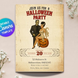 Vintage Retro Halloween Frankenstein Horror Gothic Costume Adult Party Friend Invitation EDITABLE TEMPLATE Instant Download Canva DIY