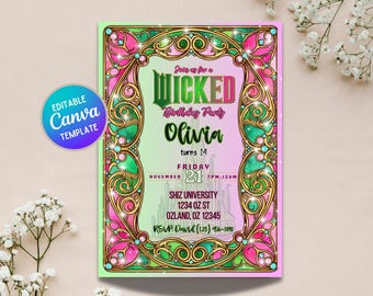 Wicked Movie Birthday Party Invitation: Personalize Editable Canva Template (Digital Download) Stained Glass
