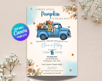 Little Pumpkin Boy Shower Invite | Blue Truck Fall Canva Template | Printable Digital Download