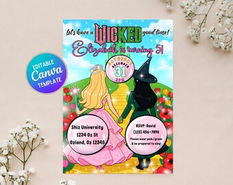 Kid Wicked For Good Birthday Party Invitation | Glinda Elphaba | Editable Canva Template