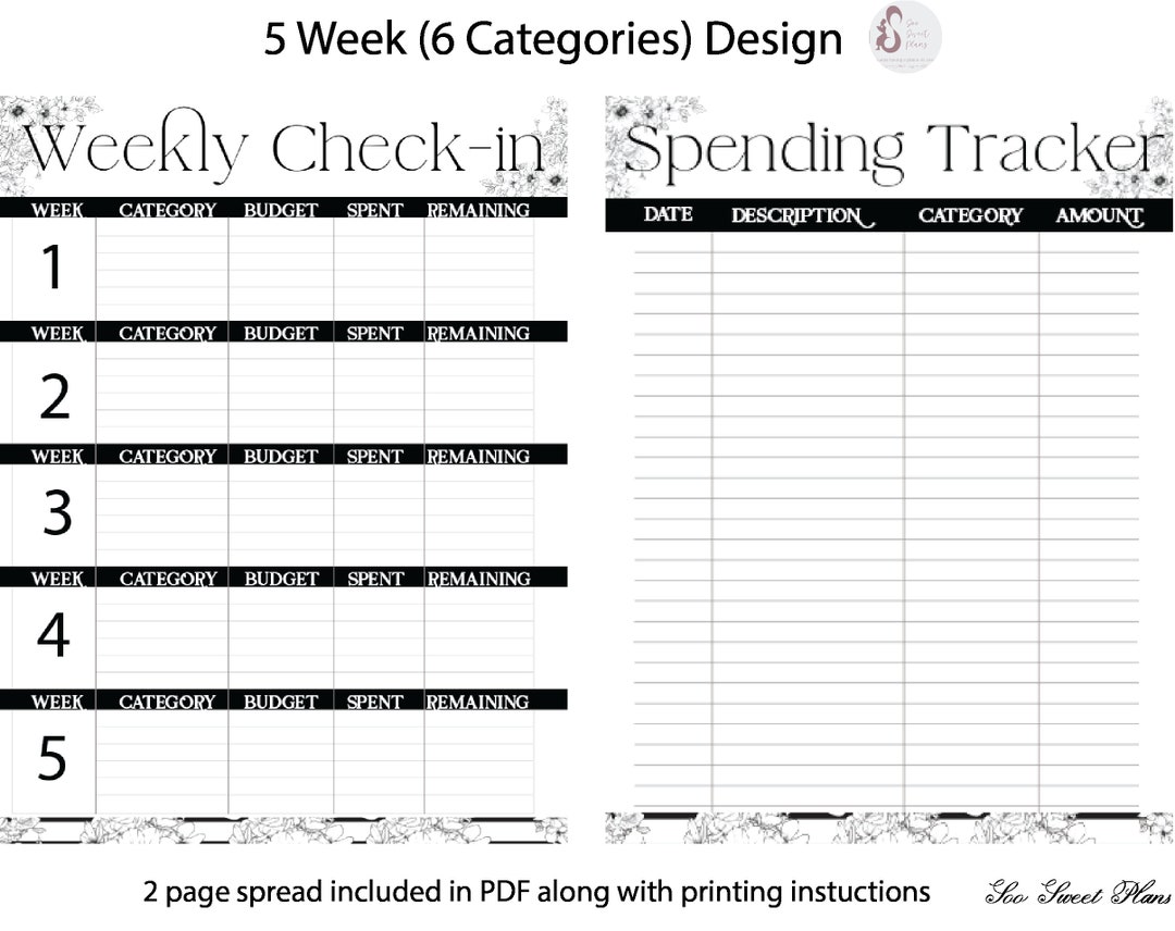 Weekly Balance Check Planner 5 Week Weekly Check-in Black & White for Cash Envelopes (classic Happy ...