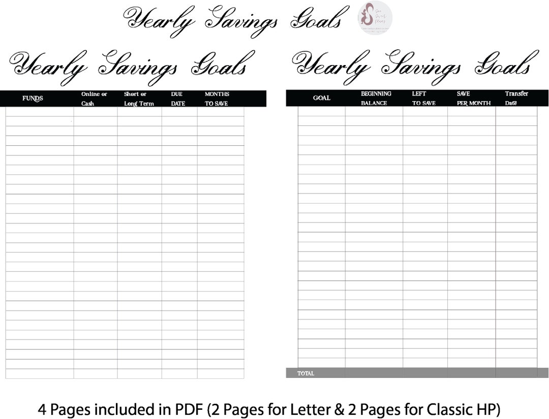 Yearly Savings Goals - Printable Insert - PDF - Letter Sized &amp; Classic ...