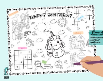Unicorn Placemat to Print | Children's Birthday Party | Unicorn Placemat for Birthdays | Coloring Page | English | Ages 5+