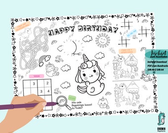 Unicorn Placemat to Print | Children's Birthday Party | Unicorn Placemat for Birthdays | Coloring Page | German | Ages 5+