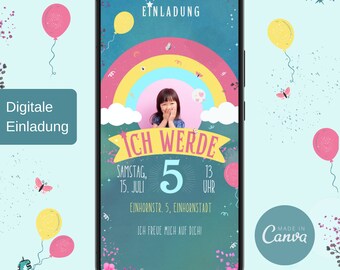 Invitación digital para fiesta de cumpleaños (infantil) | Invitación digital arcoíris, invitación personalizada de cumpleaños, plantilla de Canva