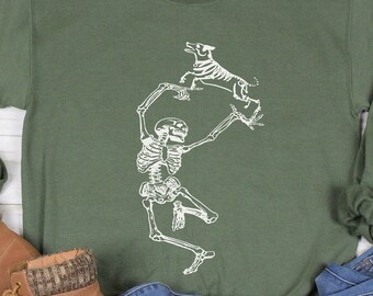 Camisa de cachorro de Halloween, camisa de esqueleto de Halloween, moletom de esqueleto dançante, moletom de esqueleto e cachorro, camisa de esqueleto, camiseta de esqueleto