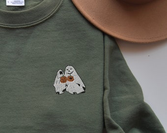 Broderad spökskjorta, broderad pumpaskjorta, Halloween-spöke och pumpa-skjorta, Halloween-skjorta, spökskjorta, broderad Halloween