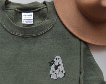 Embroidered Ghost Shirt, Halloween Shirt, Cute Ghost Shirt, Fall Shirt, Ghost Sweatshirt, Spooky Season, Women Crewneck, Ghost and Cat shirt