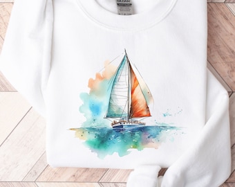 Camisa de vela, sudadera de acuarela, suéter de verano, sudadera náutica, camisa de navegación, velero, camisa de capitán, camisa de vida del lago