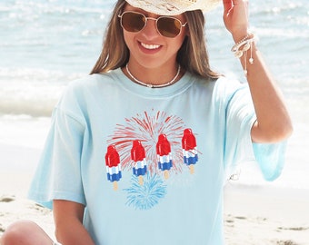 Camisa del 4 de julio para mujer, fuegos artificiales, camiseta del 4 de julio, camisa de EE. UU., camiseta roja, blanca y azul, camiseta de talla grande, camisa del Día Conmemorativo Patriótico