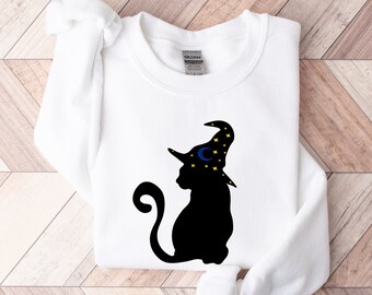Camicia per gatto nero di Halloween, felpa per gatto nero, gatto di Halloween, cappello per gatto in mago, camicia per gatti di Halloween,