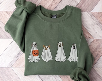 ゴースト犬、ハロウィンゴースト犬、ゴーストスウェットシャツ、不気味な季節、ハロウィンクルーネック、ハロウィン犬スウェットシャツ