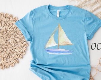 Camisa velero, camisa acuarela, camisa vela, camisa náutica, camisa de navegación, camisa barco, camisa de vacaciones, camisa de vida del lago, camiseta de playa