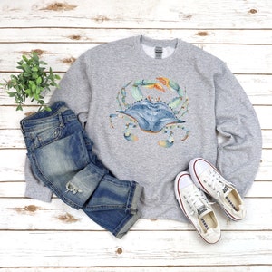 Watercolor shirt, Beach Vacay Shirt, Blue Crab Sweatshirt, Watercolor Sea shirt, Beach Lover Shirt, Seaside shirt, Ocean animal lover,Crabs Sport Grey