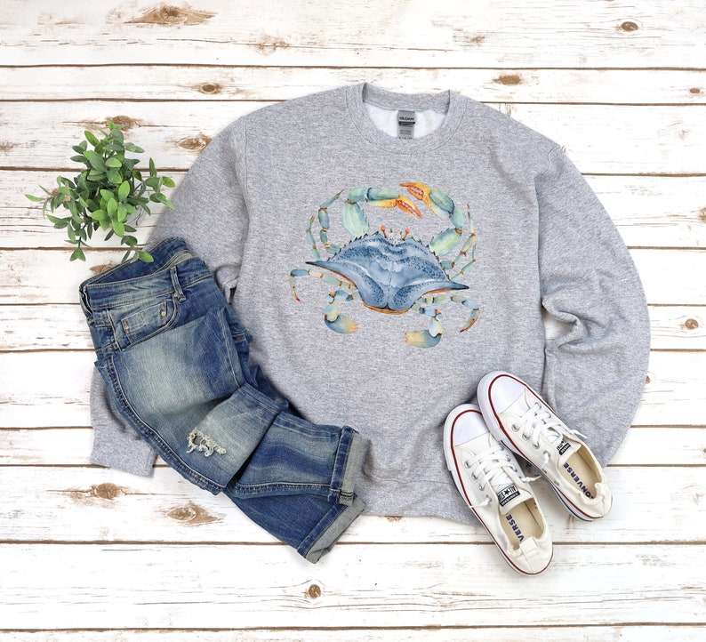 Watercolor shirt, Beach Vacay Shirt, Blue Crab Sweatshirt, Watercolor Sea shirt, Beach Lover Shirt, Seaside shirt, Ocean animal lover,Crabs Sport Grey