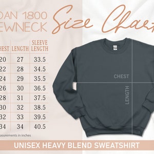 Pode incluir: Tabela de tamanhos para sweatshirts de gola redonda Gildan 1800. A tabela mostra as medidas em polegadas para o peito, o comprimento e o comprimento da manga para os tamanhos S a 5XL.