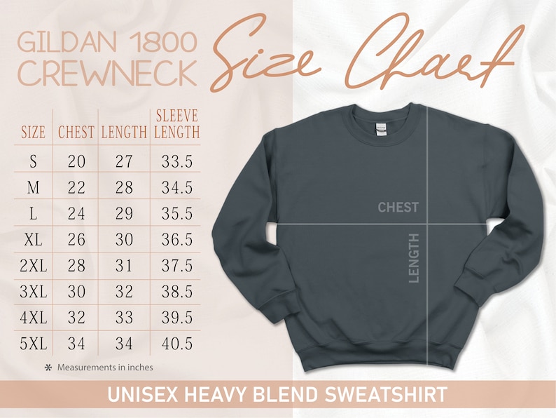 Pode incluir: Tabela de tamanhos para sweatshirts de gola redonda Gildan 1800. A tabela mostra as medidas em polegadas para o peito, o comprimento e o comprimento da manga para os tamanhos S a 5XL.