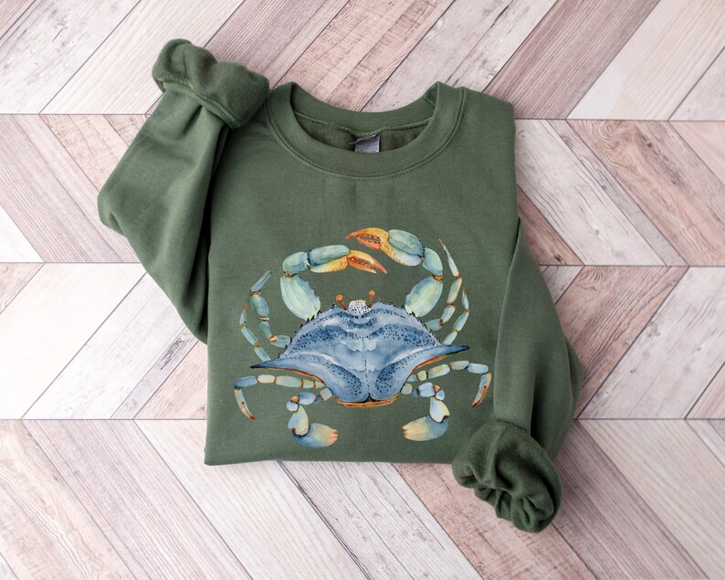 Watercolor shirt, Beach Vacay Shirt, Blue Crab Sweatshirt, Watercolor Sea shirt, Beach Lover Shirt, Seaside shirt, Ocean animal lover,Crabs Military Green